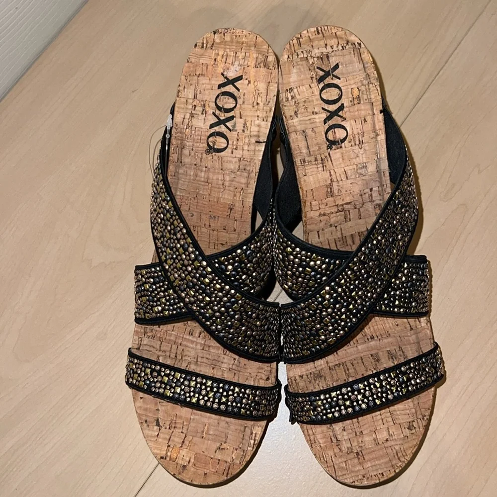 XOXO Black Gold Stud Strap Cork Wedge Slide Sandals NWOT